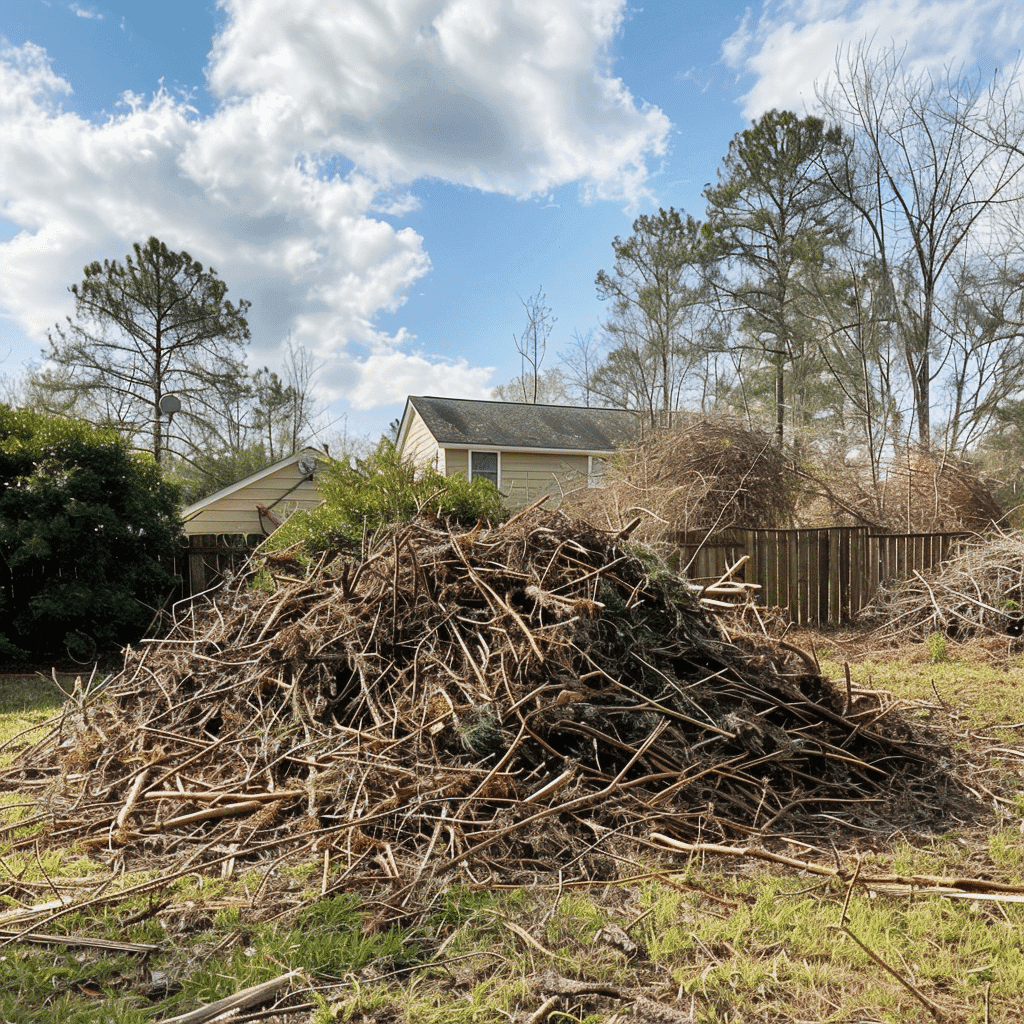 Brush and branch debris pile stacked in a residential yard.