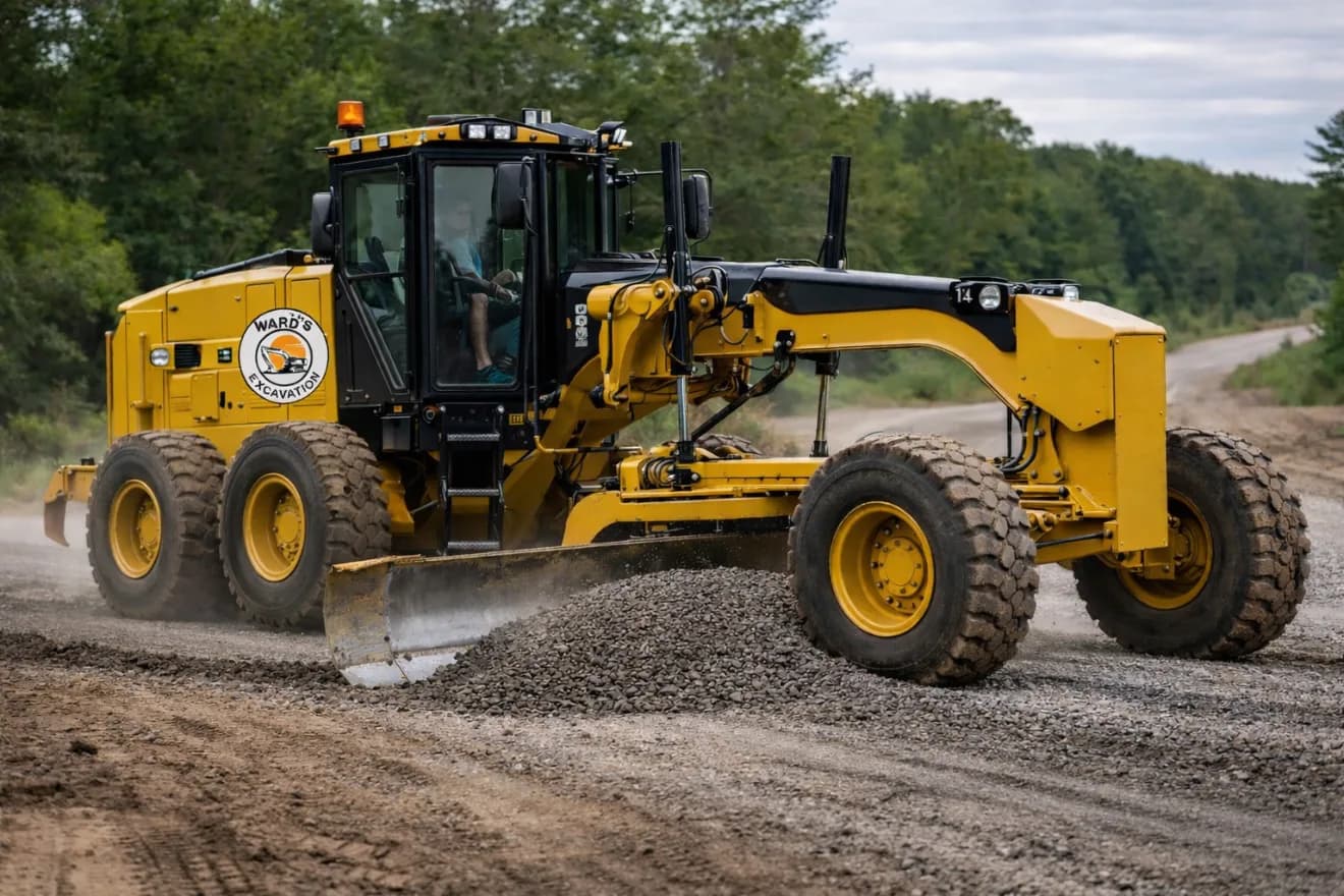 Ward Excavation motor grader, company logo on the door, grading and crowning a gravel road through Carolina pine country.